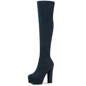Platform Chunky Heel Over the Knee Thigh High Boots Navy Blue
